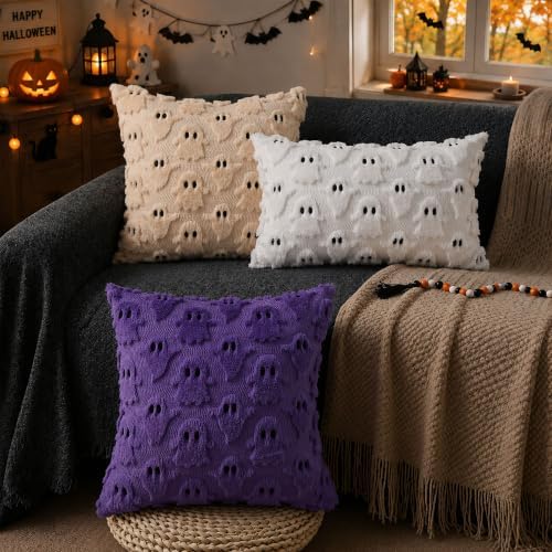 DFXSZ Halloween Pillow Covers 20x20 inch 2Pcs Beige Ghost Halloween Decor - Image 5