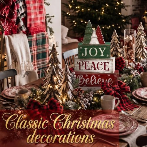 Lineshading 4 Pcs Christmas Table Decor, Wooden Tree Block Sign Home Tray - Image 3