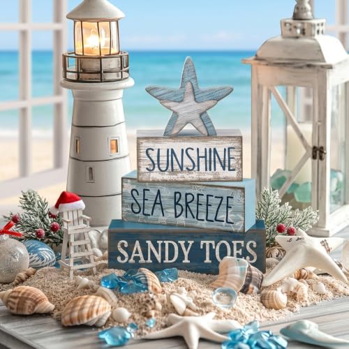 Lineshading 4 Pcs Coastal Christmas Table Decor, Wooden Starfish Beach Sign - Image 2