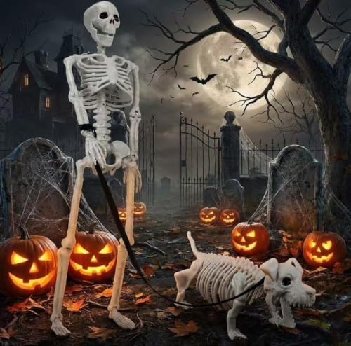 Lighted Human & Dog Skeleton Halloween Decorations Outdoor/Indoor - 36 Inch Realistic Full Body Movable Posable Skeleton Spooky Halloween Decor for Garden Yard Porch Party Haunted Graveyard - Image 2