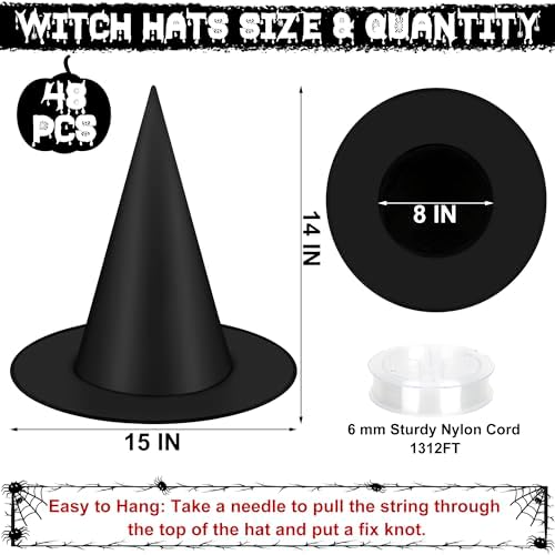 48 PCS Halloween Witches Hat, Black Hanging Halloween Decorations Bulk - Image 2