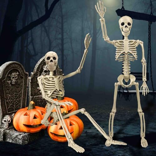 36" Skeleton Halloween Decorations, 3ft Life Size Human Skeleton with Full Body Movable Posable Joints Skeleton, Halloween Skeletons with 20 Spiders for Yard Haunted House Props Indoor Outdoor Decor - Image 3