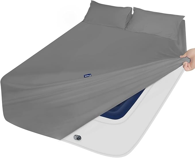 Deep Pocket King Sheet Set for Air Mattress - Extra Deep Pocket King Bed Sheet Set - 3Pcs Side Storage Pocket Fitted Sheet & Pillowcases Easily Fits 16in to 24in Pillow Top Air Bed Mattress(Grey)