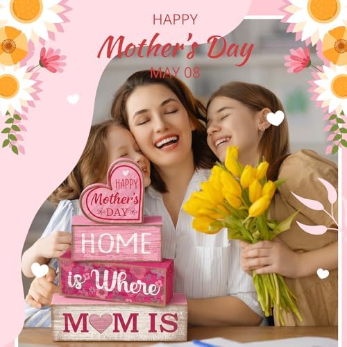 Lineshading 4 Pcs Wooden Block Signs Mothers Day Farmhouse Tabletop Decor - Image 5