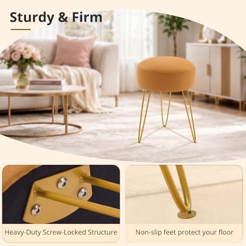 LUE BONA Vanity Stool, Mustard Yellow Vanity Stools for Makeup Room, Round Ottoman Foot Stool, Suede Footrest Vanity Chair for Bathroom Vanity, Bedroom, Living Room, Entryway, Offices - Image 5