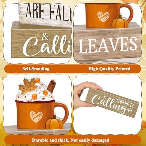 Lineshading 4 Pcs Fall Coffee Table Decor Wooden Pumpkin Latte Block Signs - Image 3