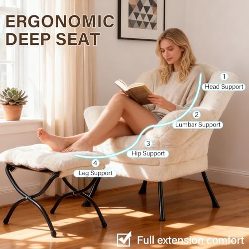 Welnow Lazy Chair with Ottoman, Reading Chair with Footrest, Cream - Image 6
