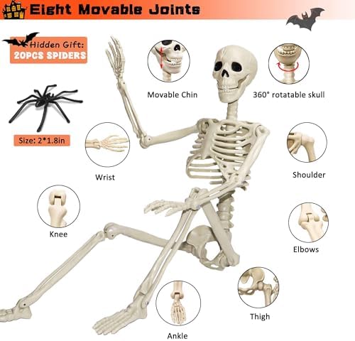 36" Skeleton Halloween Decorations, 3ft Life Size Human Skeleton with Full Body Movable Posable Joints Skeleton, Halloween Skeletons with 20 Spiders for Yard Haunted House Props Indoor Outdoor Decor - Image 2