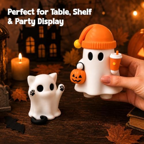 Cute Cat Halloween Ghost Figurine with Pumpkin Bucket and Orange Drink - Image 6
