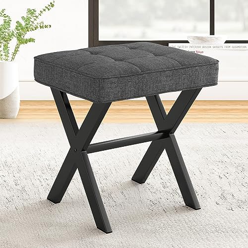 LUE BONA Vanity Stool, Square Linen Makeup Stool with Metal X Legs, Small Ottoman Stool Chair for Vanity, Modern Padded Vanity Seat Foot Rest Stool for Makeup Room, Living Room, Bathroom, Carbon Gray by LUEBONA