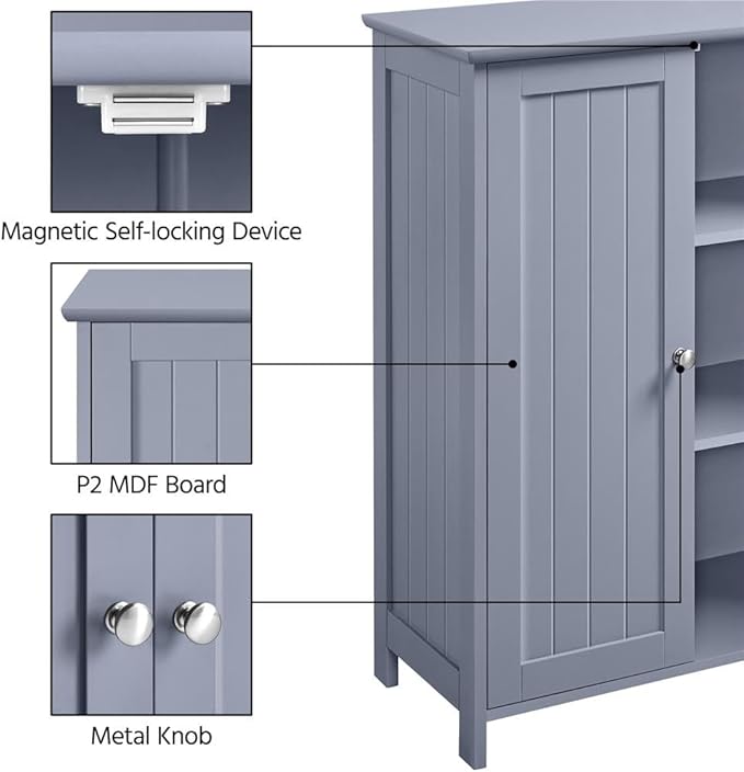 Yaheetech Bathroom Floor Cabinet, Modern Storage Freestanding Organizer Cabinet with Adjustable Shelves & Double Doors, 3-Tier Home Living Room Furniture, Gray