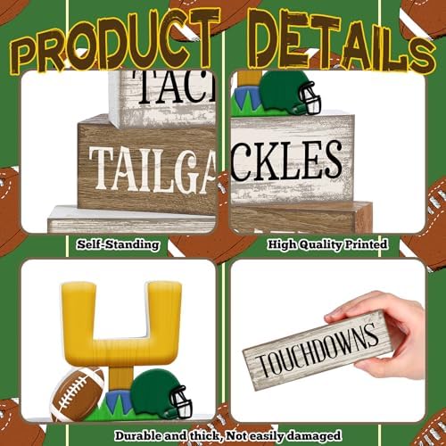Lineshading 4 Pcs Fall Football Table Decor, Wood Block Sign Home Shelf - Image 4