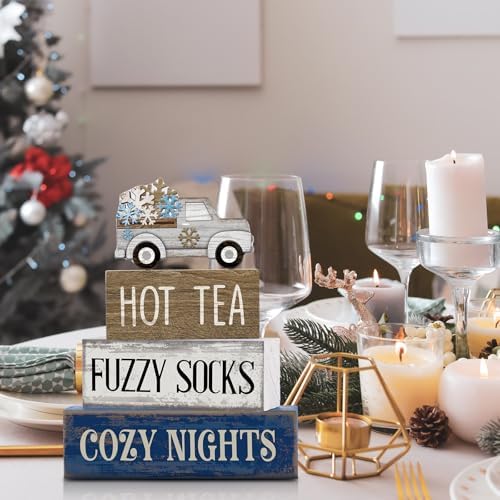 Lineshading 4 Pcs Snowflake Truck Tiered Tray Decor Wooden Block Signs - Image 2