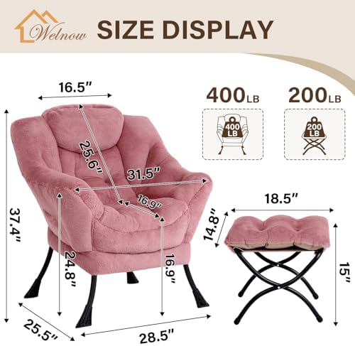 Welnow Lazy Chair with Ottoman, Reading Chair with Footrest, Dark Pink - Image 3