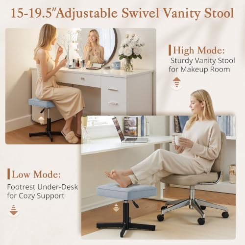 LUE BONA Adjustable Vanity Stool, 15''-19.5'' Foot Rest Under Desk, 360° Swivel Vanity Chair for Makeup Room, Blue Upholstered Faux Leather Ottoman for Bathroom & Living Room, 300lbs - Image 3