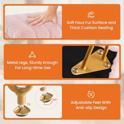 Sweetcrispy Vanity Stool Chair with Storage, 18.9”H x 16”L x 12.2”W Ottoman Chair Faux Fur Soft Padded Makeup Footstools Seat with 4 Metal Legs Anti-Slip Adjustable Feet for Make Up, Pink - Image 6
