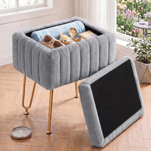 OLIXIS Vanity Stool Chair Faux Fur with Storage, Soft Ottoman 4 Metal Legs with Anti-Slip Feet, Makeup Cute Soft Small Footstool for Makeup, Cute Small Footrest for Dressing Table by OLIXIS