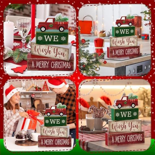 Lineshading 4 Pcs Wooden Red Truck Christmas Decor Block Signs - Image 4