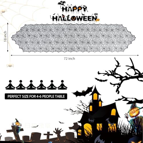 Halloween Table Runner, Black Lace Spider Web Table Runners for Halloween Decor/Party Dinner Table Decoration 18 x 72Inch - Image 4