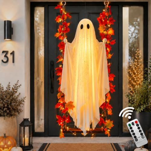 AYGXU Halloween Decorations Outdoor Indoor-5.3ft Hanging Ghost Decor with a Maple Leaf 6.6ft Swing,Ghost Light,Halloween Decor for Tree,Yard,Porch,Garden by AYGXU