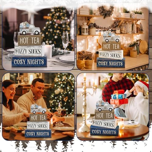 Lineshading 4 Pcs Snowflake Truck Tiered Tray Decor Wooden Block Signs - Image 5