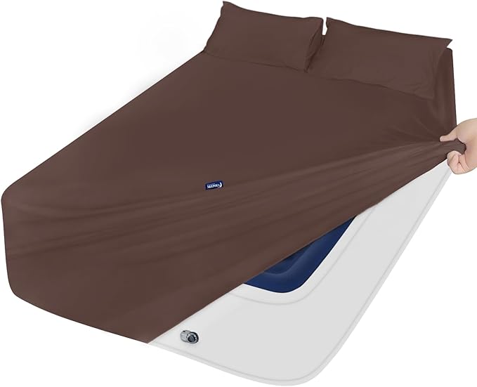 Deep Pocket Twin Sheets Set for Kids Air Mattress - Extra Deep Pocket Twin Sheet Sets - 3Pcs Side Storage Pocket Fitted Sheet & Pillowcases Easily Fits 16in to 24in Pillow Top Bed Mattress - Brown