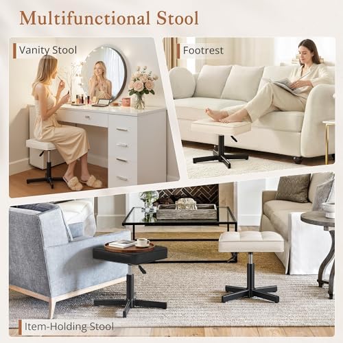 LUE BONA Adjustable Vanity Stool, 15''-19.5'' Foot Rest Under Desk, 360° Swivel Vanity Chair for Makeup Room, Cream Upholstered Faux Leather Ottoman for Bathroom & Living Room, 300lbs - Image 6