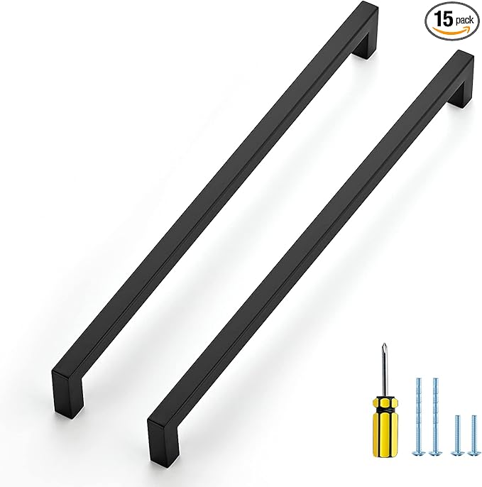 Ravinte 15 Pack Black Cabinet Pulls 12-3/5 Inch Square Kitchen Cabinet Handles Matte Black Kitchen Hardware for Drawer Pulls Drawer Handles Come with Screwdriver