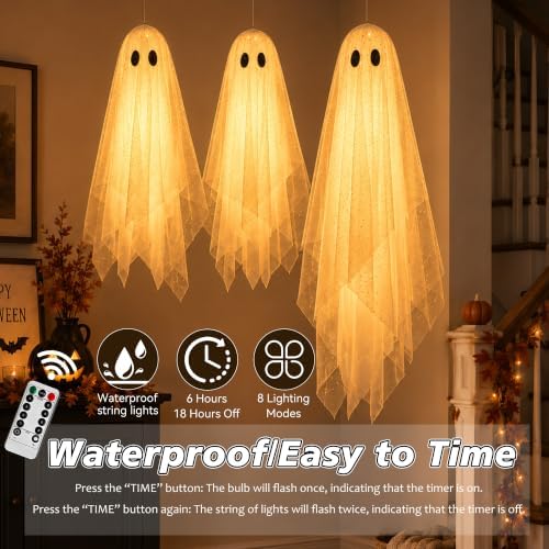 AYGXU Halloween Decorations outdoor/indoor-3pcs Hanging Ghost Decor with Light,Halloween Ornaments,Hallowee n Decor for Porch,Tree,Yard,Window,Garden - Image 3