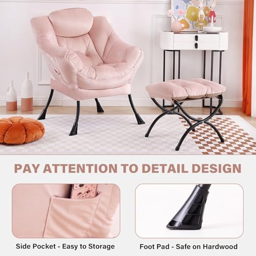 Tiita Lazy Chair with Ottoman, Comfy Reading Accent Chair, Velvet Pink - Image 5