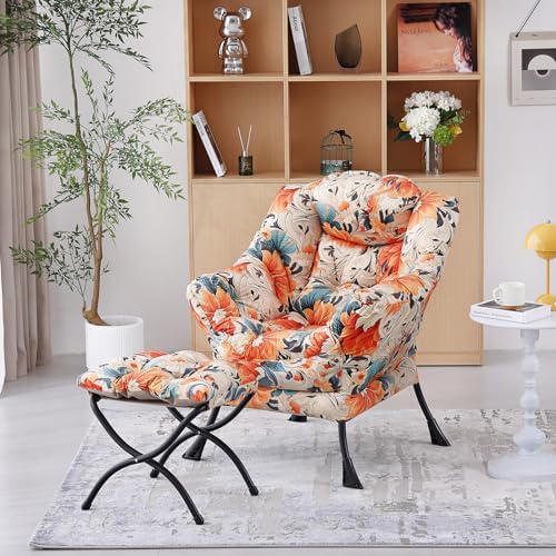 Welnow Lazy Chair with Ottoman, Reading Chair with Footrest,Orange Blue - Image 2
