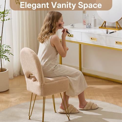 Gitrah Vanity Chair with Storage, Folding Back Faux Fur Vanity Stool, Makeup Ottoman with Gold Legs for Bedroom/Bathroom, Beige - Image 2