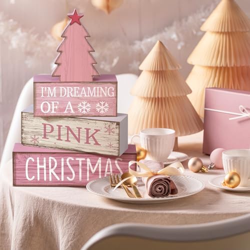 Lineshading 4 Pcs Pink Christmas Table Decor, Wooden Christmas Tree Signs - Image 5