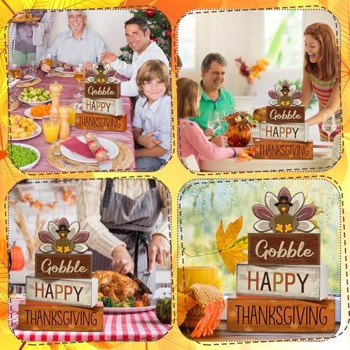 Lineshading 4 Pcs Fall Table Decor Wood Turkey Block Signs, Thanksgiving - Image 4