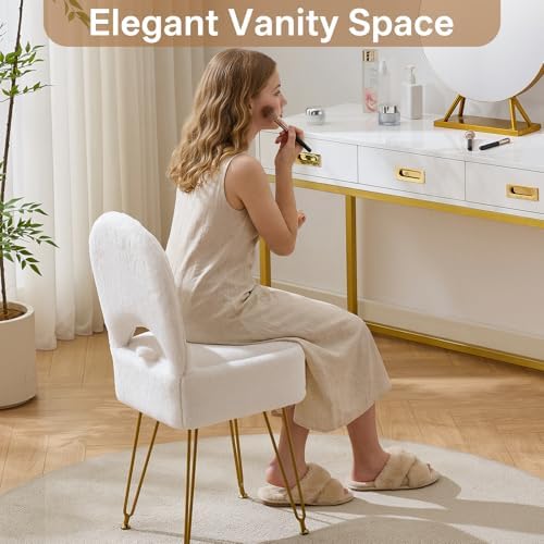 Gitrah White Vanity Chair with Storage, Folding Back Faux Fur Vanity Stool, Makeup Ottoman with Gold Legs for Bedroom/Bathroom - Image 3