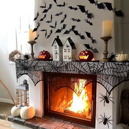 Halloween Fireplace Scarf, Black Lace Spiderweb Fireplace Mantle, Cobweb Fireplace Scarf for Halloween Party Door Window Decoration 18 x 96 inch - Image 2