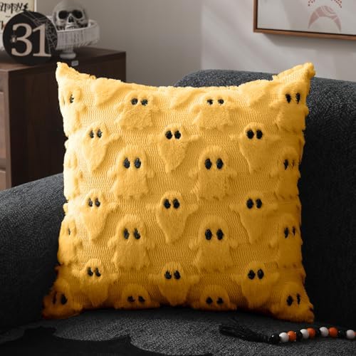 DFXSZ Halloween Pillow Covers 18x18 inch 2Pcs Yellow Ghost Halloween Decor - Image 3