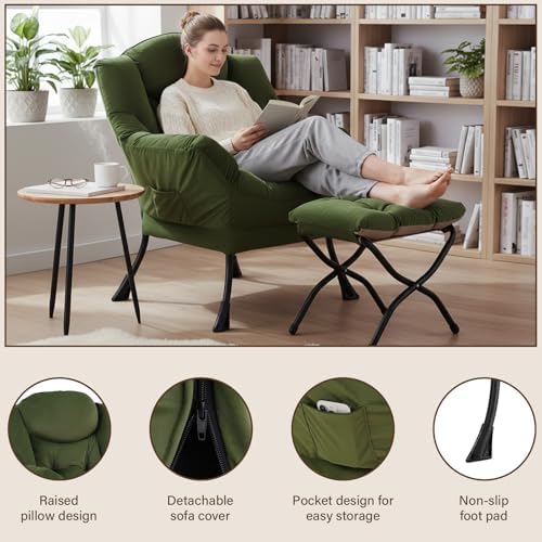 Welnow Lazy Chair with Ottoman, Reading Chair with Footrest, Army Green - Image 4
