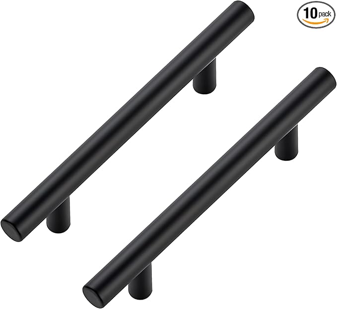 JOY DECOR 10 Pack Cabinet Handles, Black Cabinet Pulls, 3-3/4 in Hole Center Kitchen Hardware, Stainless Steel T Bar Handles for Dresser Drawers