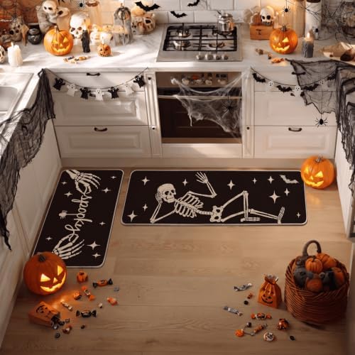 Artoid Mode Spooky Skeleton Spider Bone Black Halloween Kitchen Mats Set of 2, Black Home Decor Low-Profile Kitchen Rugs for Floor - 17x29 and 17x47 Inch by ArtoidMode