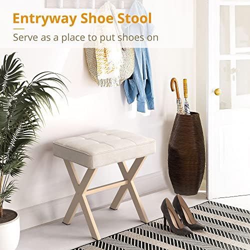 LUE BONA Square Linen Makeup Stool, Metal X Legs, Small Ottoman Stool Chair for Vanity, Modern Padded Seat Foot Rest for Makeup Room, Bathroom - Image 5