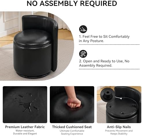 WUTUTUEE Faux Leather Vanity Chair with Storage, 360° Swivel Makeup Chair with Pleated Back, No Assembly Small PU Accent Stool for Bedroom, Dressing Room, Living Room, Black - Image 4