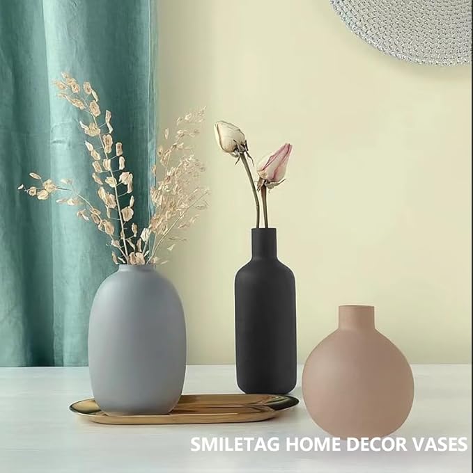 Smiletag Ceramic Modern Farmhouse Vase, Neutral Small for Table, Living Room, Shelf, Bookshelf and Entryway Décor, Set of 3