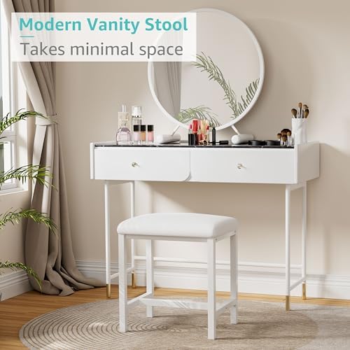 Small Vanity Stool, Cute Vanity Stools with Cushion, White Makeup Vanity Chair for Small Spaces, Living Room, Bedroom, Bathroom, Entryway, Ottoman Foot Rest for Couch Sillas Modern - Image 3