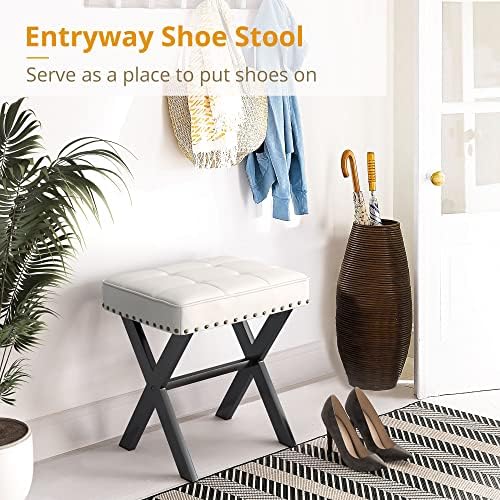LUE BONA White Vanity Stool - Square Faux Leather Makeup Seat With Metal X Legs, Small Ottoman Chair for Makeup Room, Living Room, Bathroom - Padded Foot Rest - Image 5