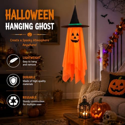 Halloween Decorations Ghost Hanging Ornaments: 39.4 Inch Foldable Cloth Witch Hat Ghost Decor With Lanyards - Reusable Hanging Halloween for Tree Porch Yard and Ceiling Wall Home - Image 4
