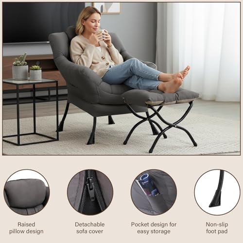 Welnow Lazy Chair with Ottoman, Reading Chair with Footrest,Dark Grey - Image 4
