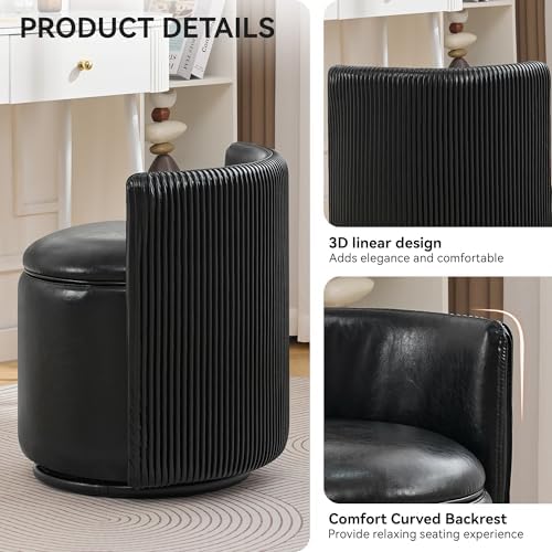 WUTUTUEE Faux Leather Vanity Chair with Storage, 360° Swivel Makeup Chair with Pleated Back, No Assembly Small PU Accent Stool for Bedroom, Dressing Room, Living Room, Black - Image 3