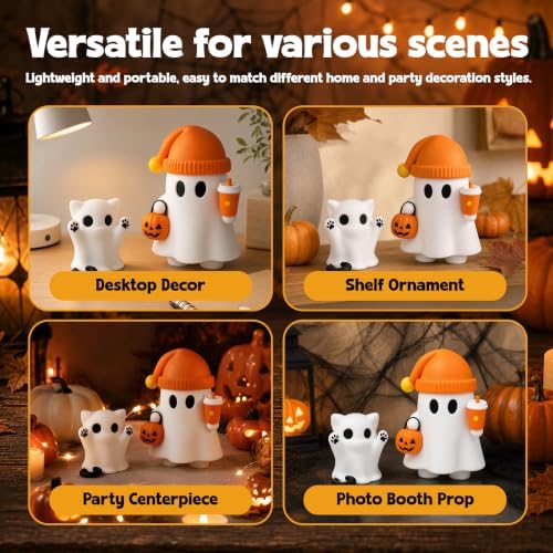Cute Cat Halloween Ghost Figurine with Pumpkin Bucket and Orange Drink - Image 5