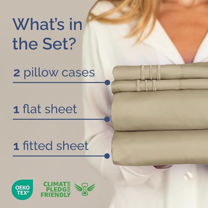 Queen Size 4 Piece Sheet Set - Comfy Breathable & Cooling Bed Sheets Set - Hotel Luxury Bedding for Women, Men, Kids, Teens, Boys & Girls - Deep Pockets, Ultra-Soft, Wrinkle Free - Oeko-Tex - Beige